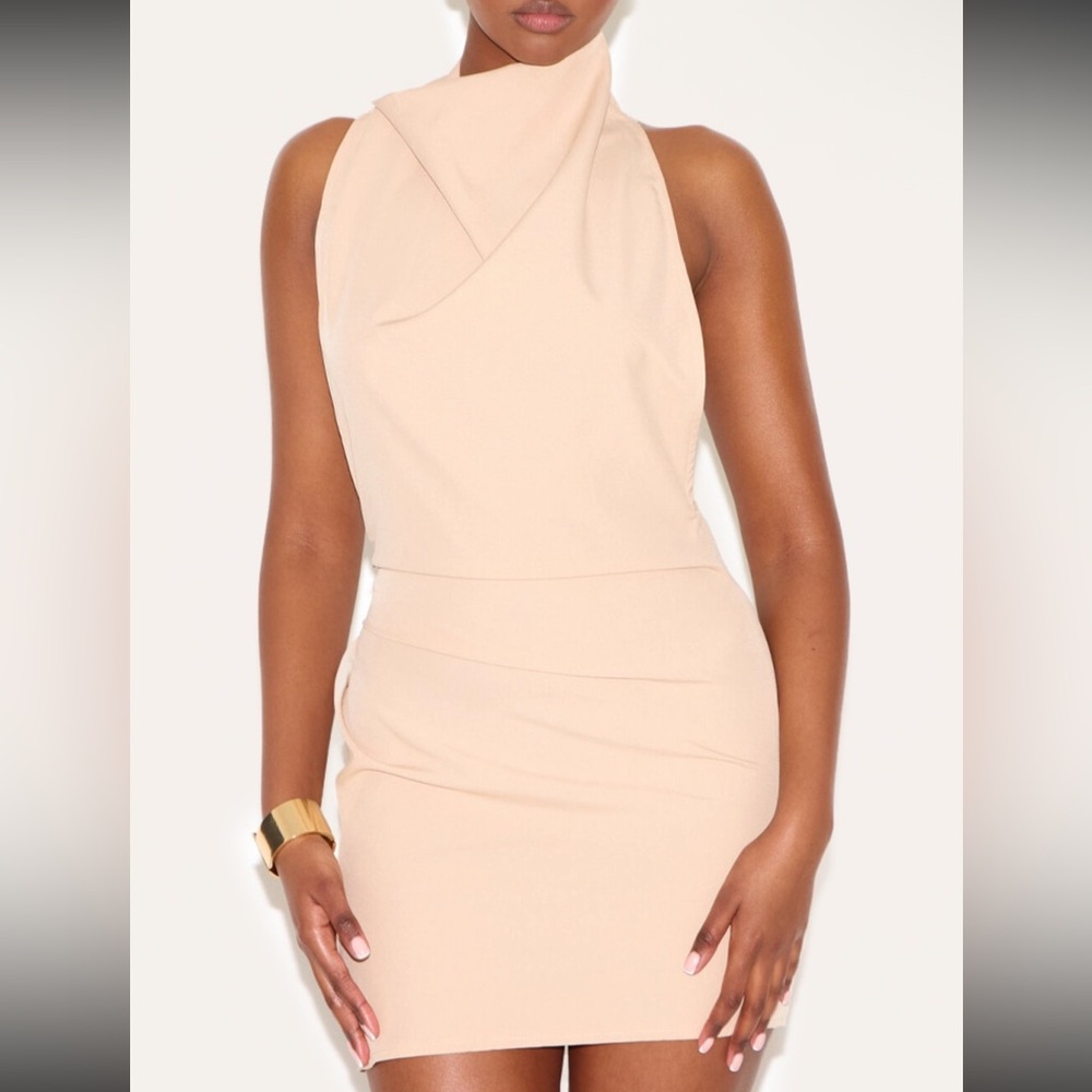 PLT Natural High Neck Cowl Backless Bodycon Dress